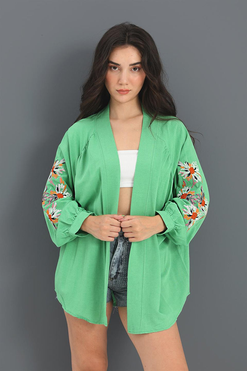 Women's Kimono Raglan Sleeve Embroidered Linen - Green - STREETMODE™