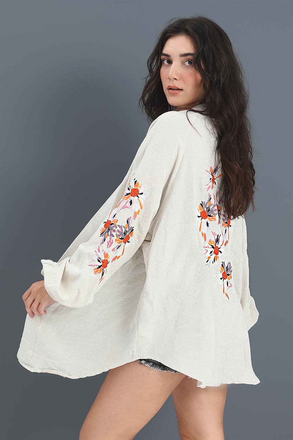 Women's Kimono Raglan Sleeve Embroidered Linen - Stone - STREETMODE™
