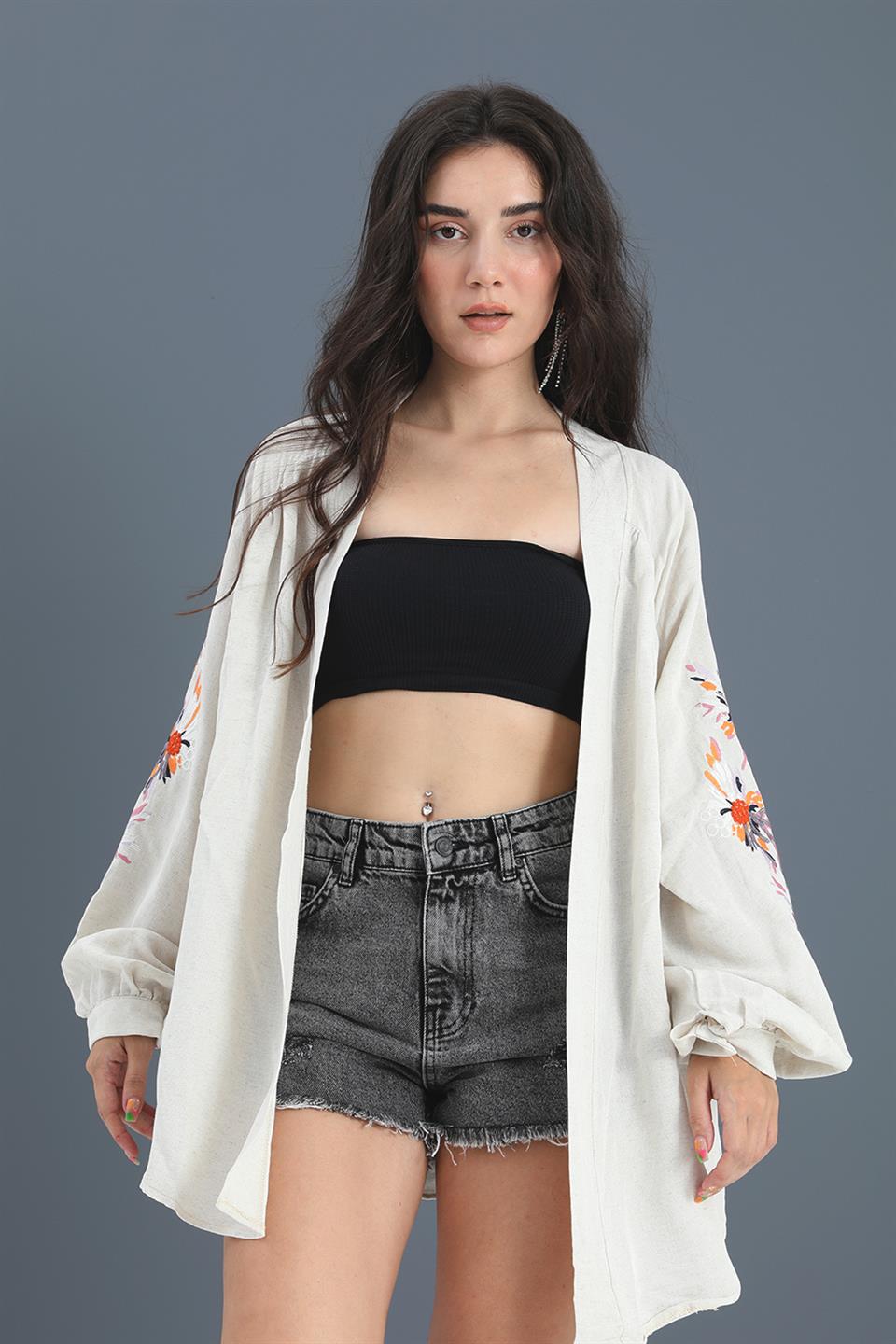 Women's Kimono Raglan Sleeve Embroidered Linen - Stone - STREETMODE™