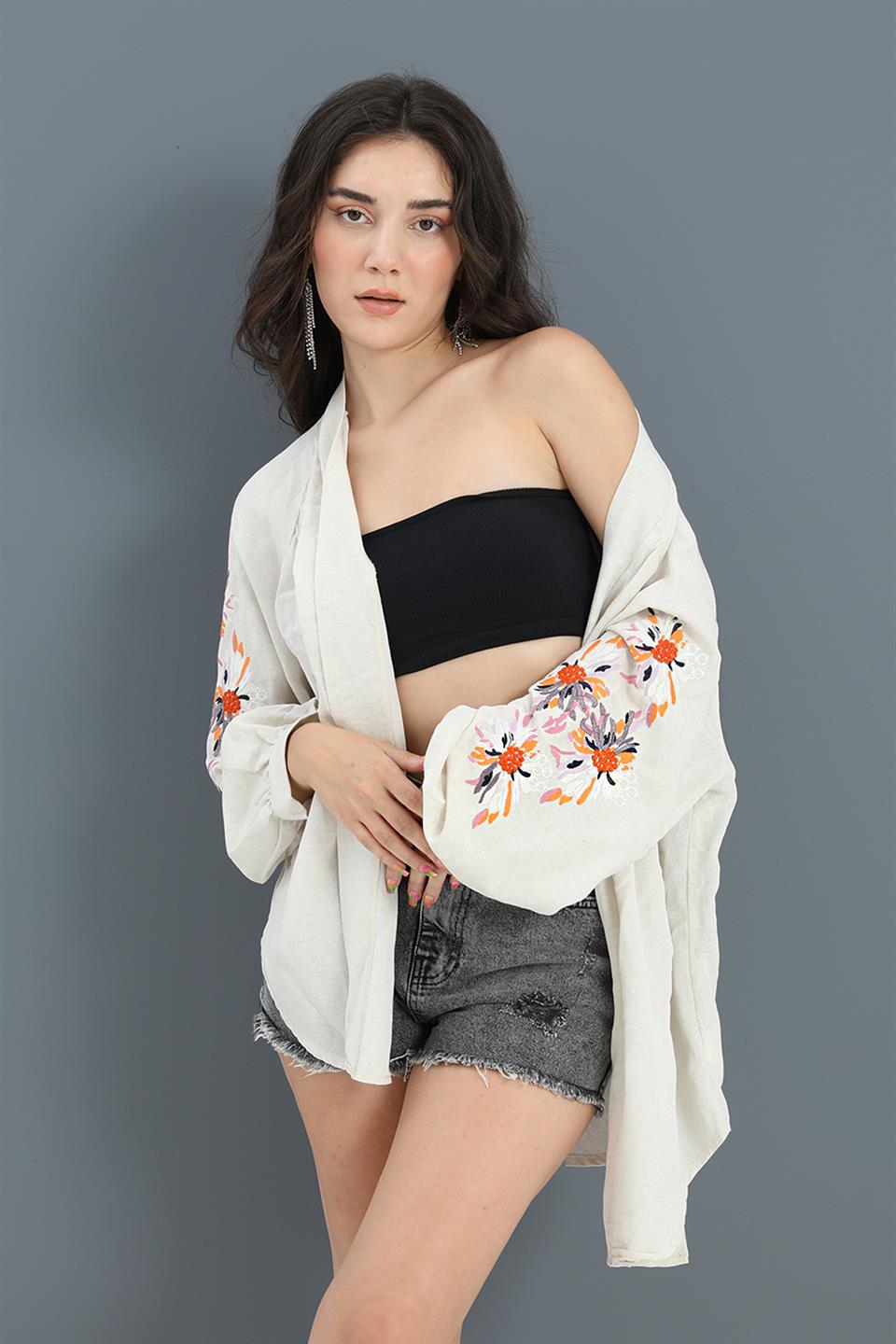 Women's Kimono Raglan Sleeve Embroidered Linen - Stone - STREETMODE™