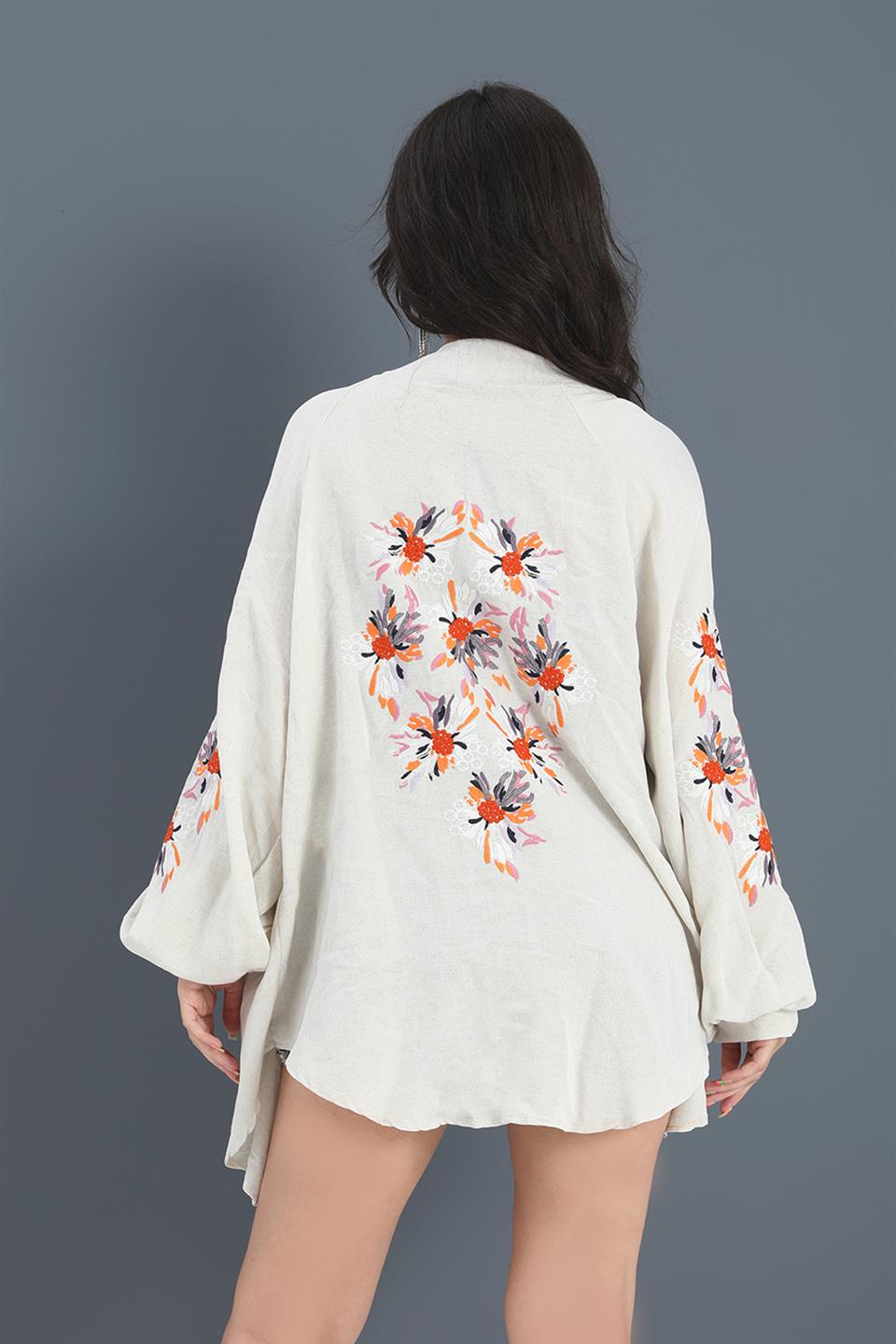 Women's Kimono Raglan Sleeve Embroidered Linen - Stone - STREETMODE™