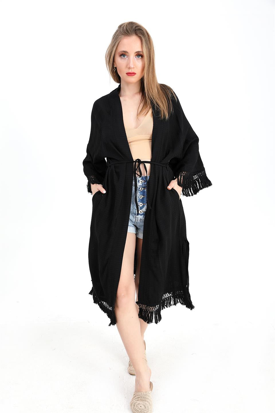 Women's Kimono with Palm Printed Tassels - Black - STREETMODE™