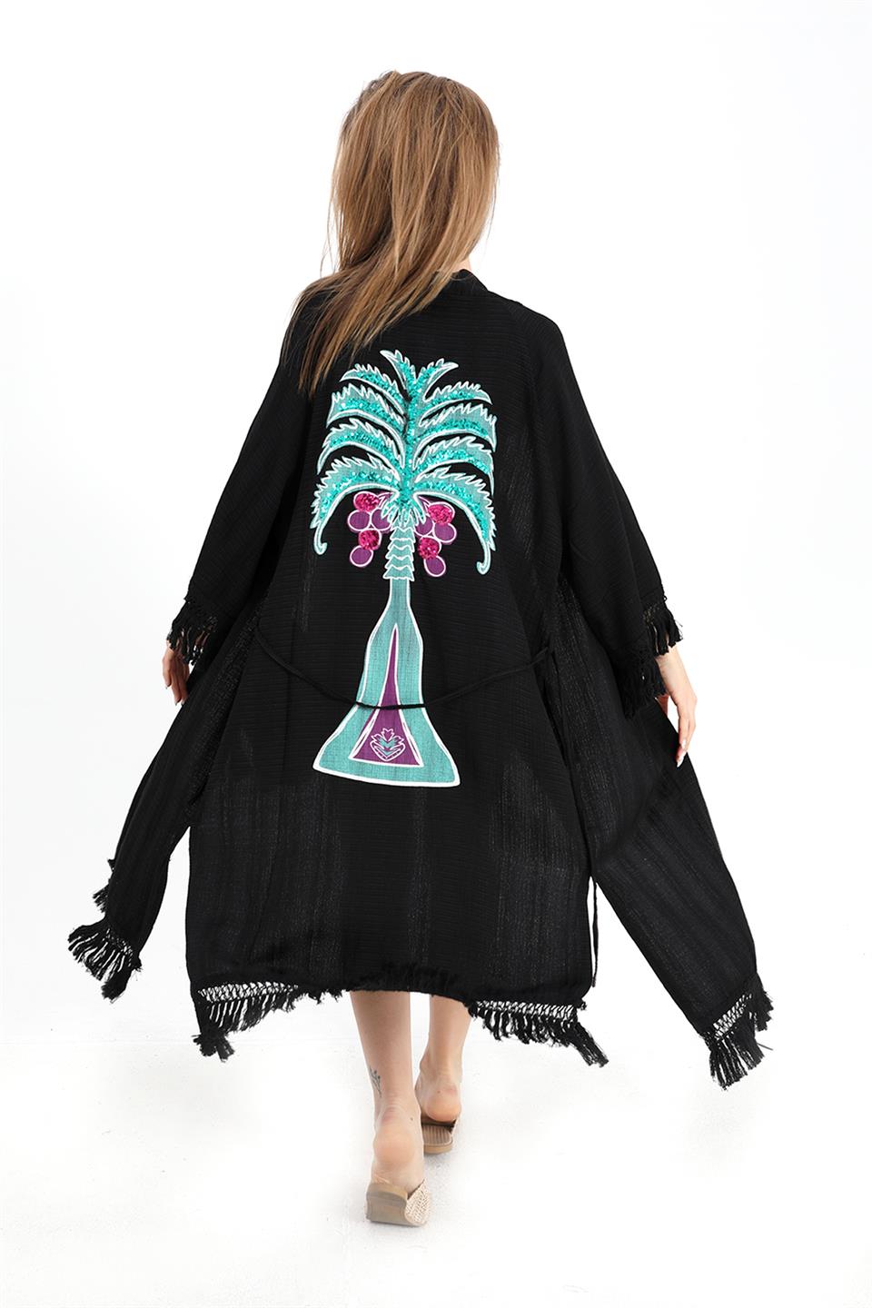Women's Kimono with Palm Printed Tassels - Black - STREETMODE™