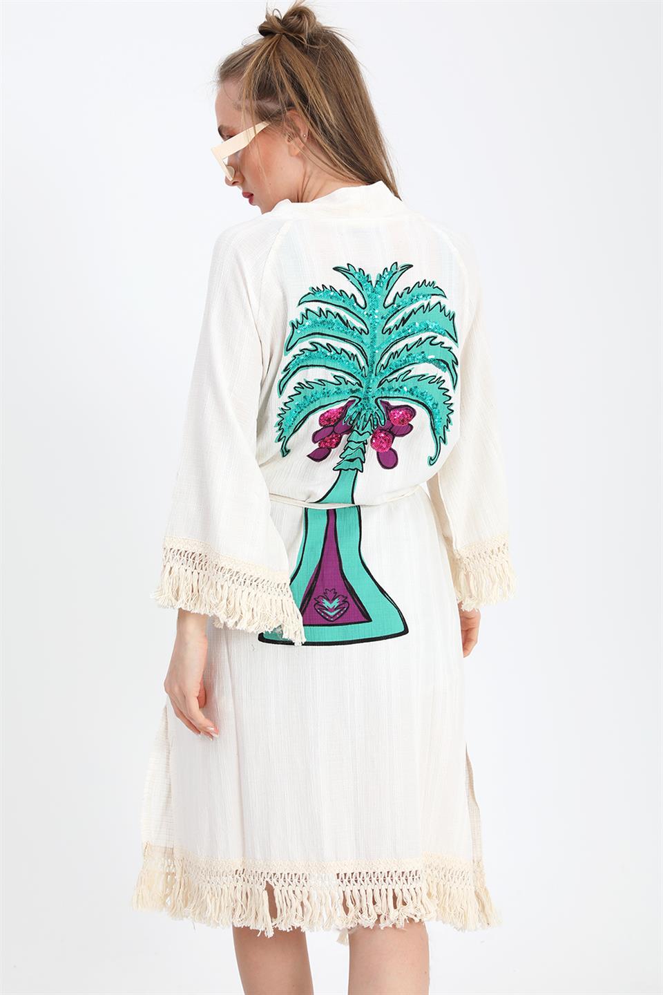Women's Kimono with Palm Printed Tassels - Ecru - STREETMODE™