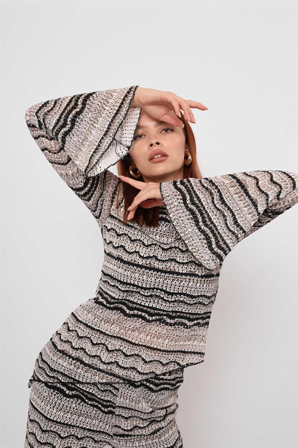 Women's Knitted Line Pattern Asymmetrical Blouse Black Gray - STREETMODE™