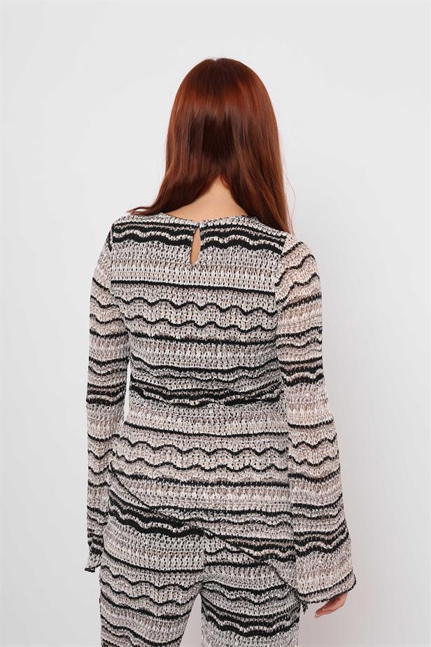 Women's Knitted Line Pattern Asymmetrical Blouse Black Gray - STREETMODE™