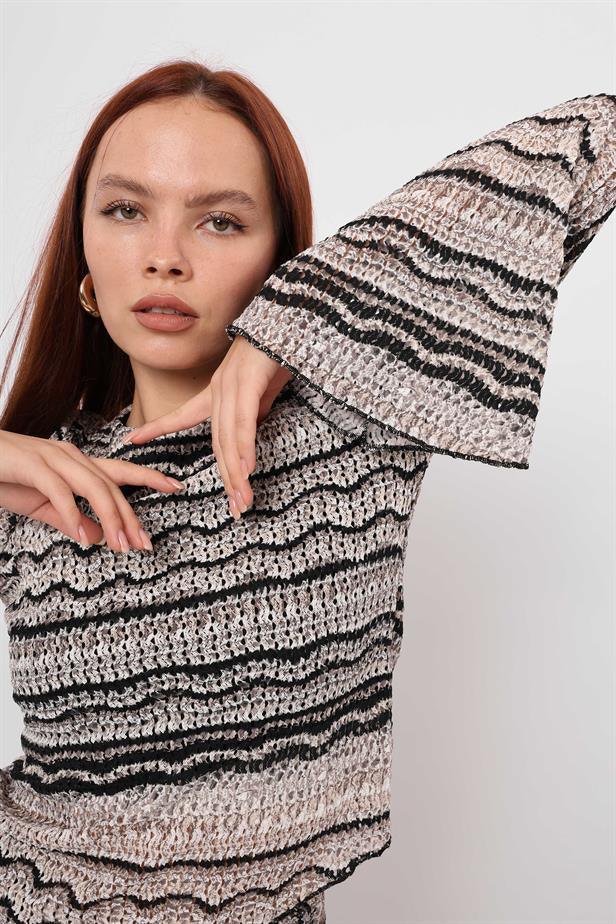 Women's Knitted Line Pattern Asymmetrical Blouse Black Gray - STREETMODE™