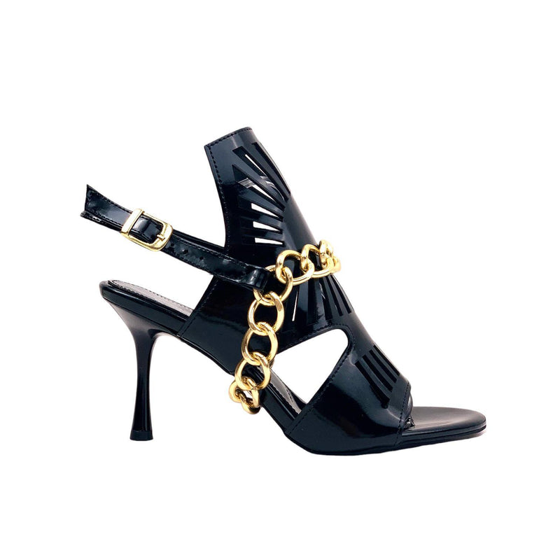 Women's Kokl Black Patent Leather Thin Heel Chain Detailed Evening Shoes - STREETMODE™