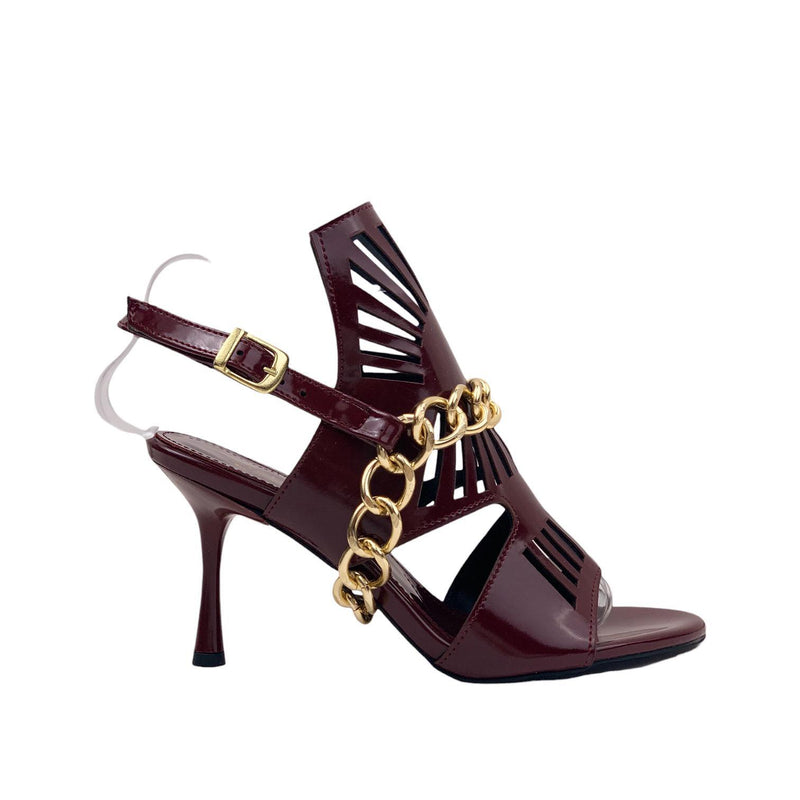 Women's Kokl Burgundy Patent Leather Thin Heel Chain Detailed Evening Dress Shoes - STREETMODE™