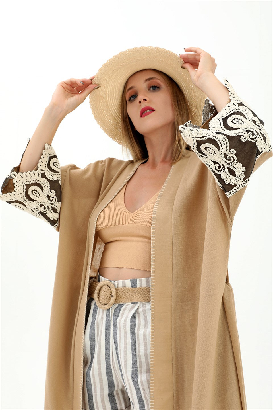 Women's Lacy Linen Kimono - Mink - STREETMODE™