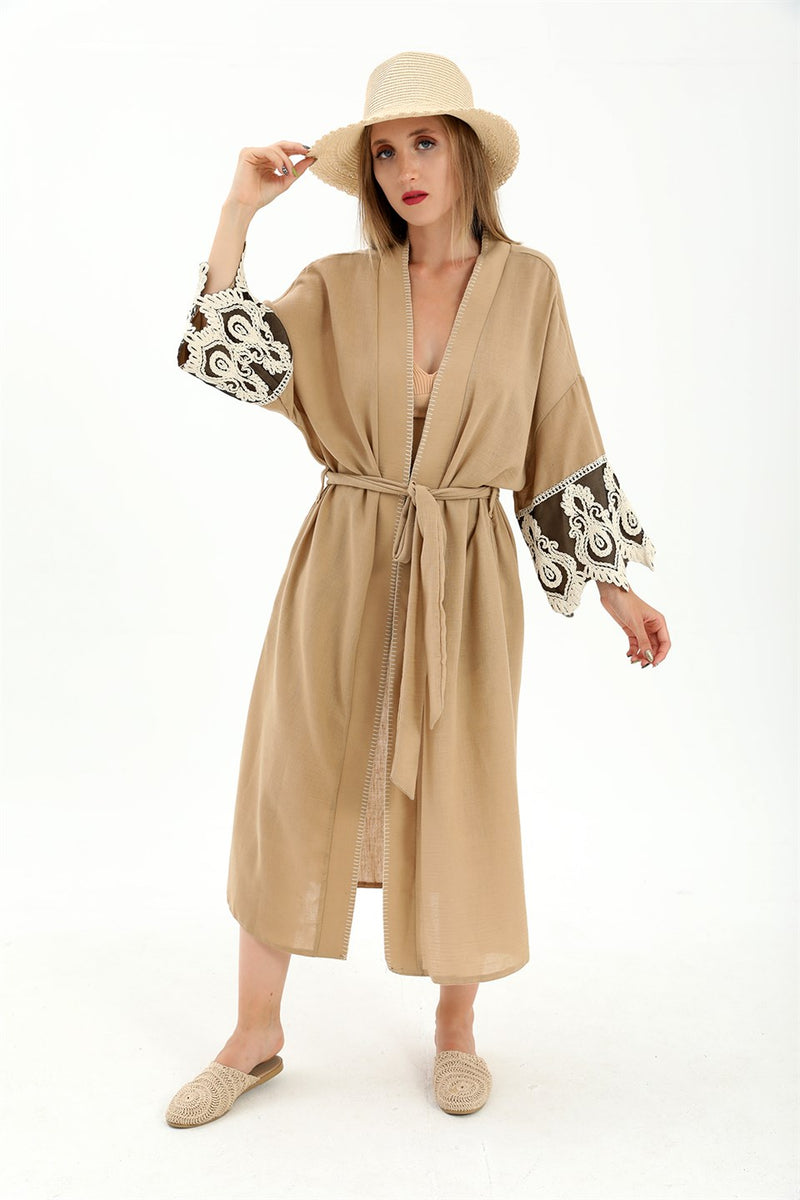 Women's Lacy Linen Kimono - Mink - STREETMODE™
