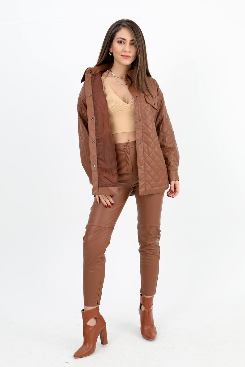 Women's Leather Coat with Pocket Flap Quilted - Brown - STREETMODE™