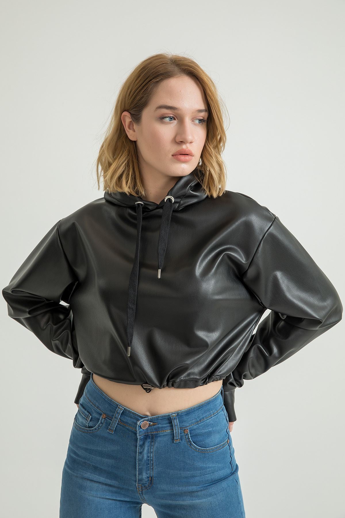 Women's Leather Fabric Long Sleeve Hooded Crop Oversize Black - STREETMODE™