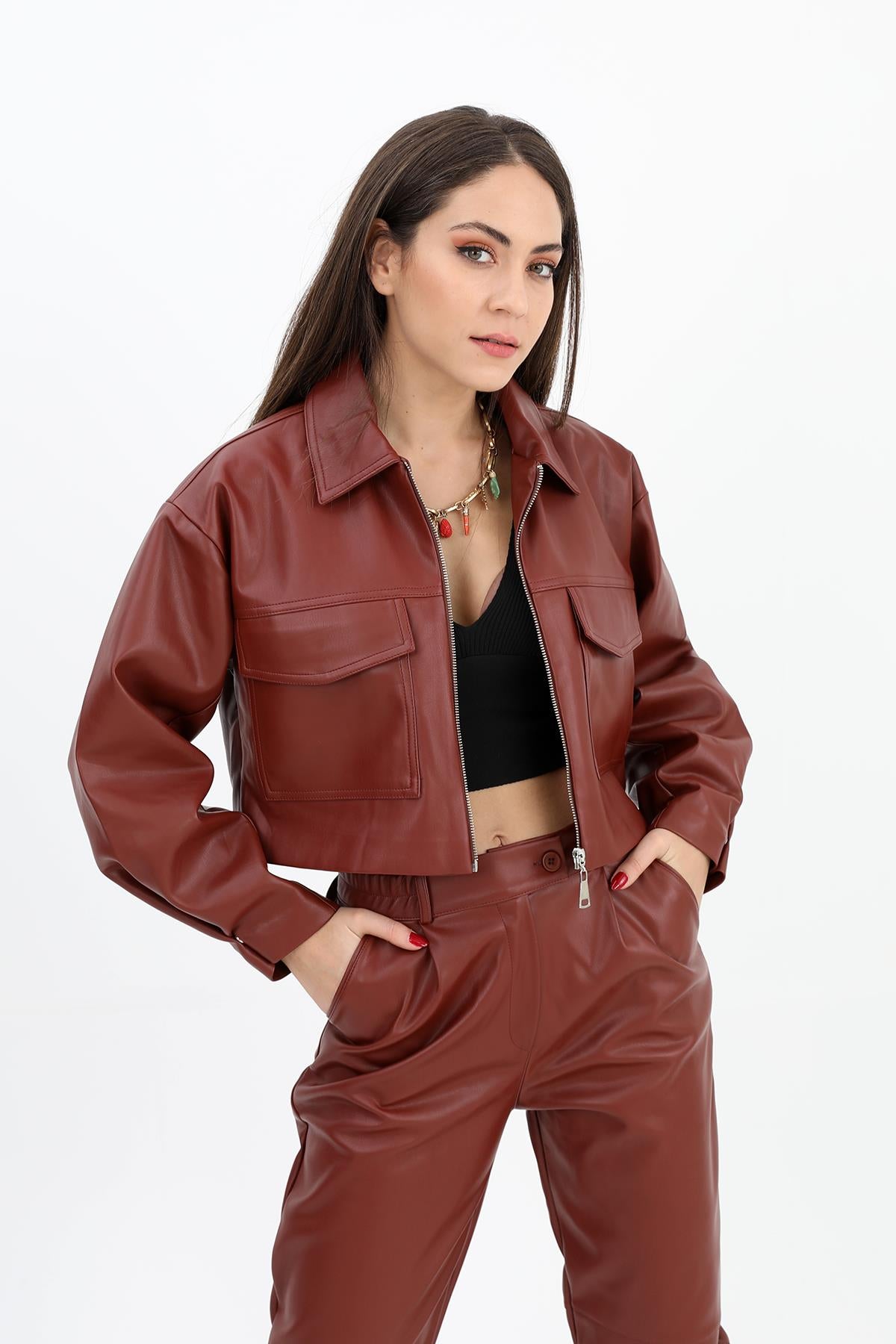 Women's Leather Jacket with Snap on Sleeves and Zipper on the Front - Claret Red - STREETMODE™