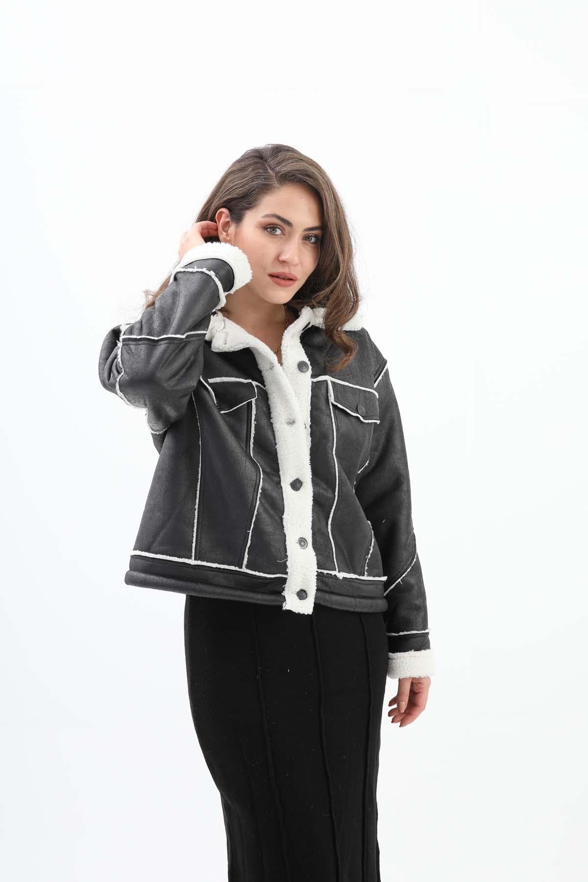 Women's Leather Look Plush Inside Buttoned Front Coat - Black - STREETMODE™