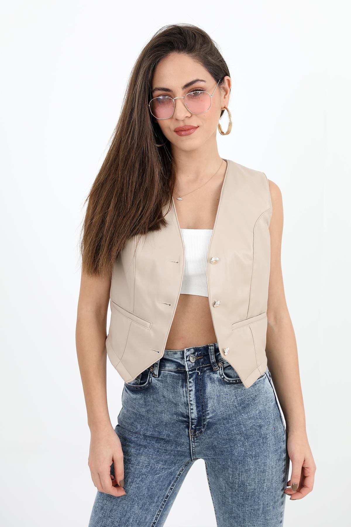 Women's Leather Vest with Flap Pocket - STREETMODE™