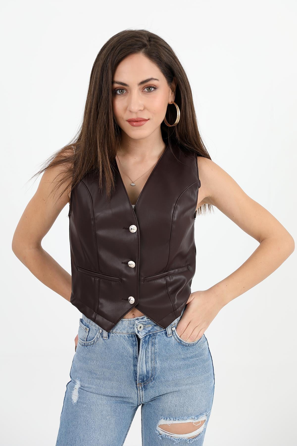 Women's Leather Vest with Flap Pocket - STREETMODE™