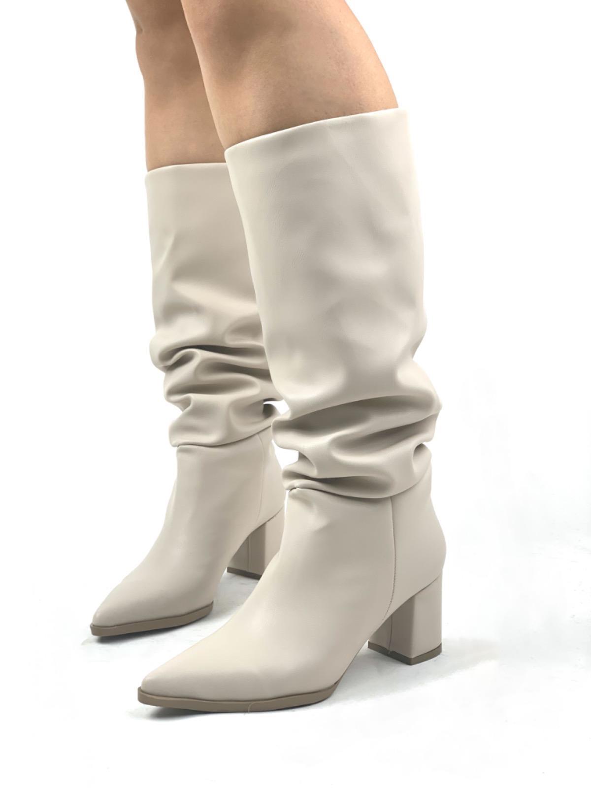 Women's Lerny Beige Gusseted Chunky Heel Leather Boots - STREETMODE™