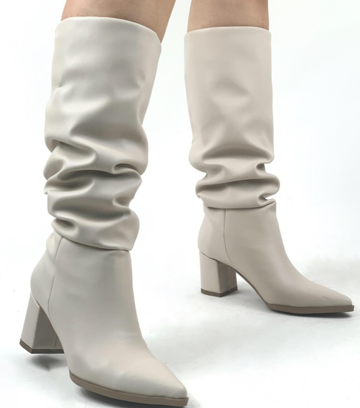 Women's Lerny Beige Gusseted Chunky Heel Leather Boots - STREETMODE™