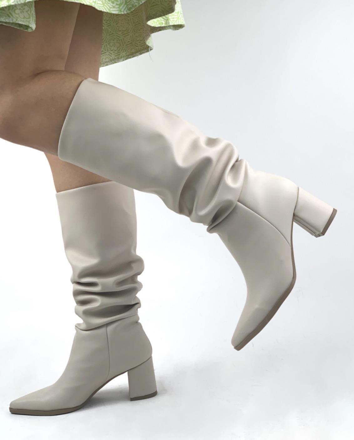 Women's Lerny Beige Gusseted Chunky Heel Leather Boots - STREETMODE™