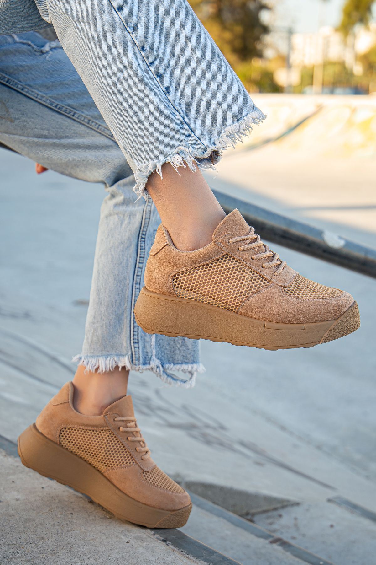 Women's Liam Nude Suede - Mesh Lace-Up Detail Thick Sole Sneakers Shoes - STREETMODE™