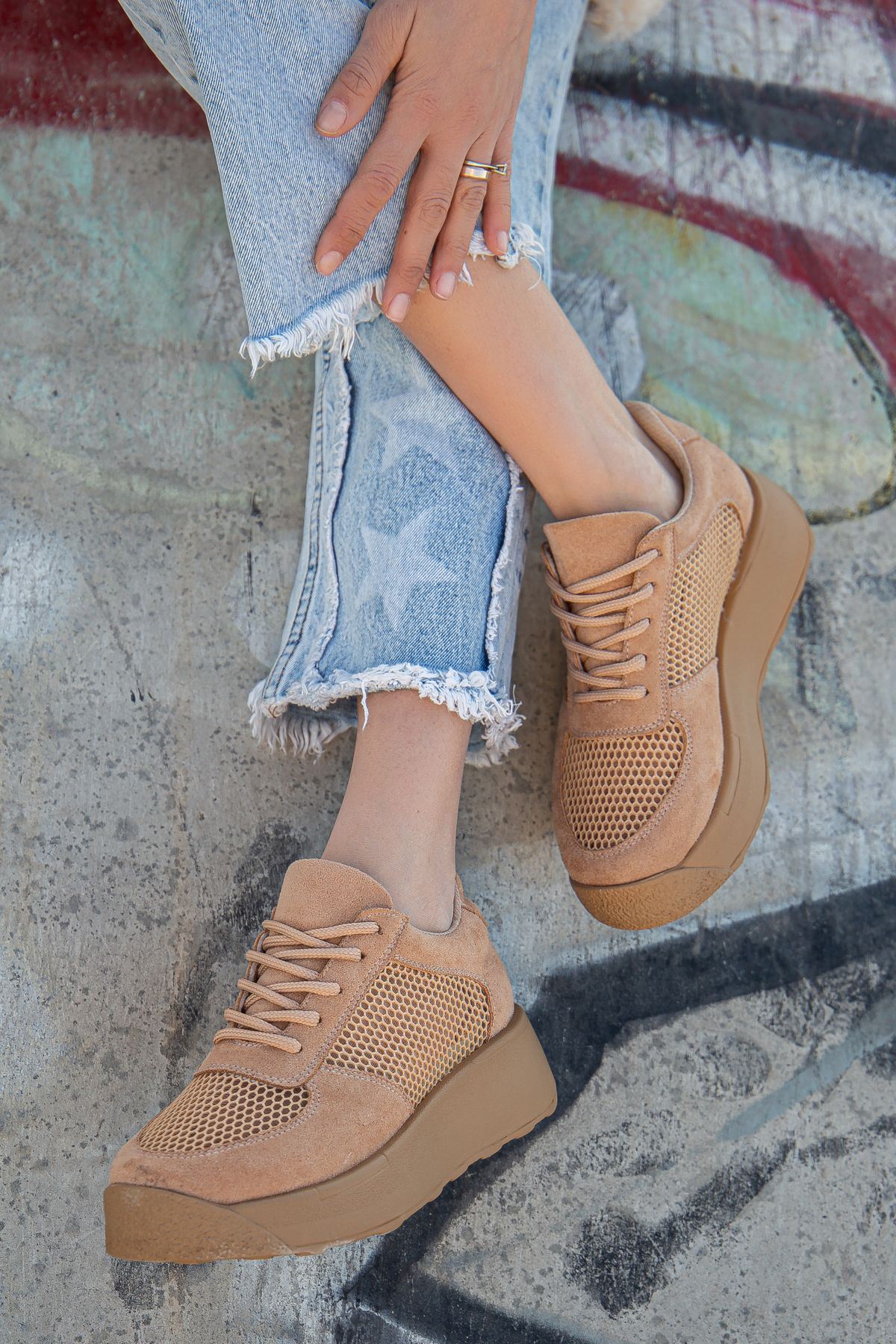 Women's Liam Nude Suede - Mesh Lace-Up Detail Thick Sole Sneakers Shoes - STREETMODE™