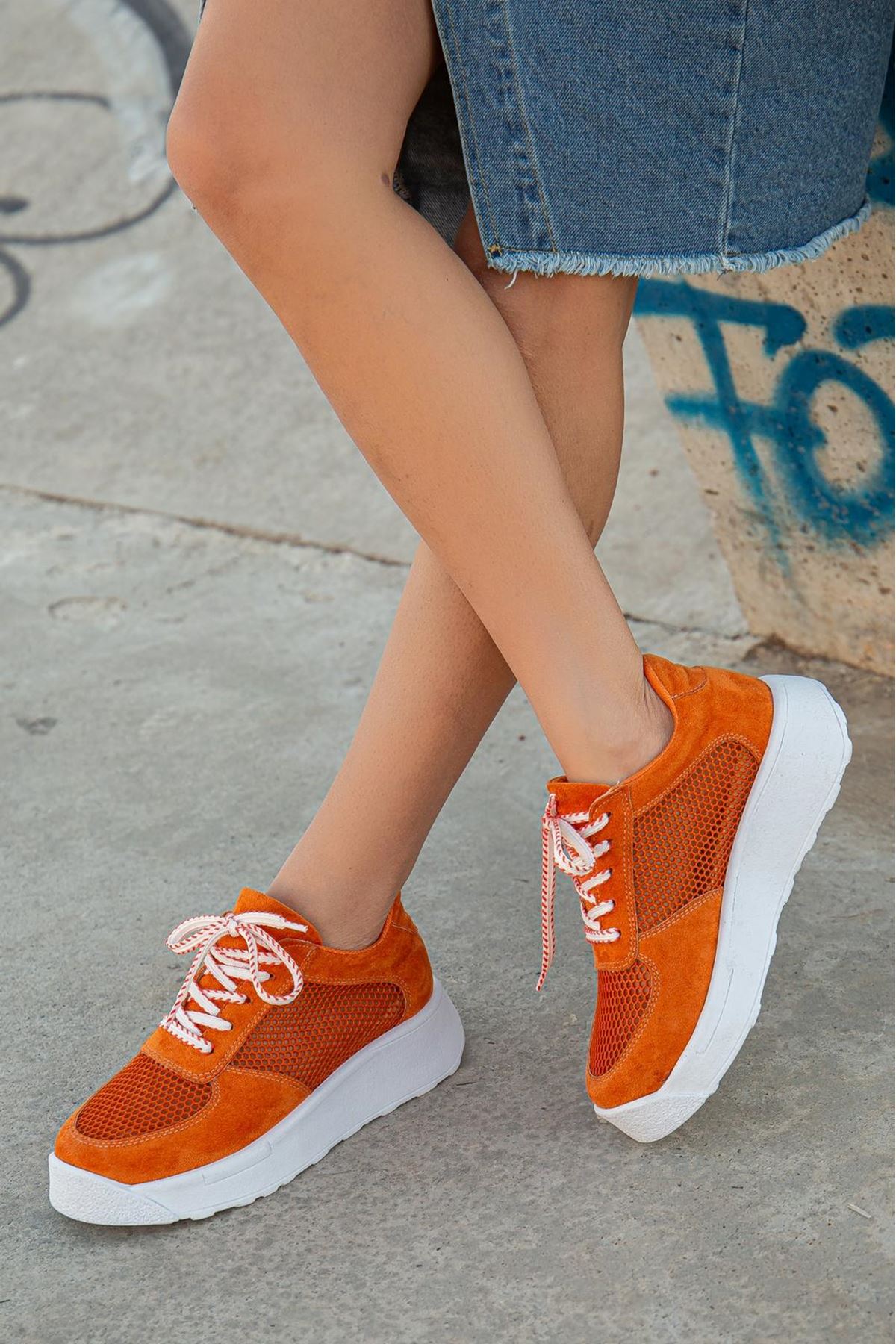 Women's Liam Orange Suede - Mesh Lace-Up Detail Thick Sole Sneakers shoes - STREETMODE™