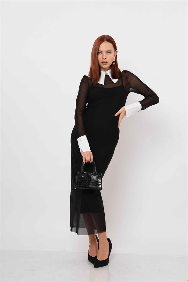 Women's Lined Dress with Removable Sleeves and Collar Black - STREETMODE™