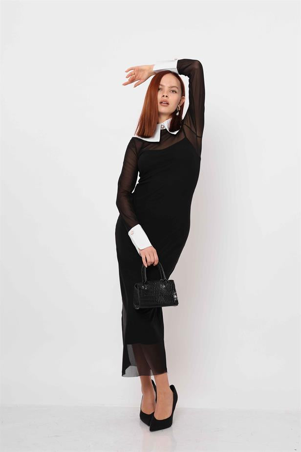 Women's Lined Dress with Removable Sleeves and Collar Black - STREETMODE™