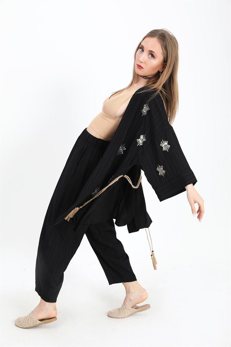 Women's Linen Kimono Suit With Eye Embroidery - Black - STREETMODE™