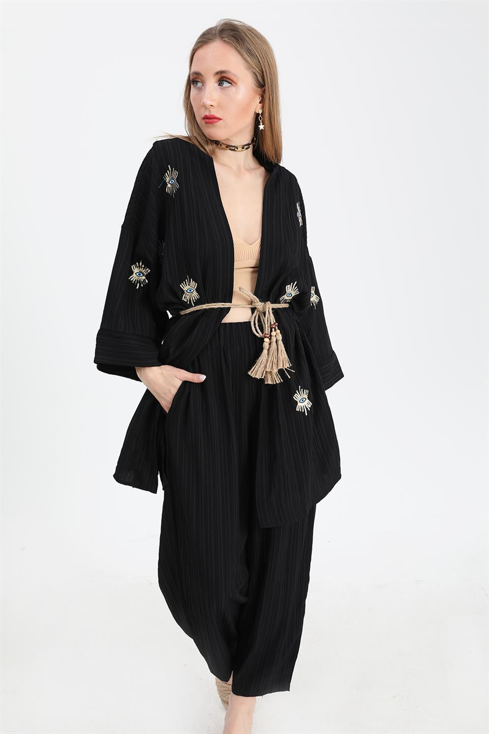 Women's Linen Kimono Suit With Eye Embroidery - Black - STREETMODE™