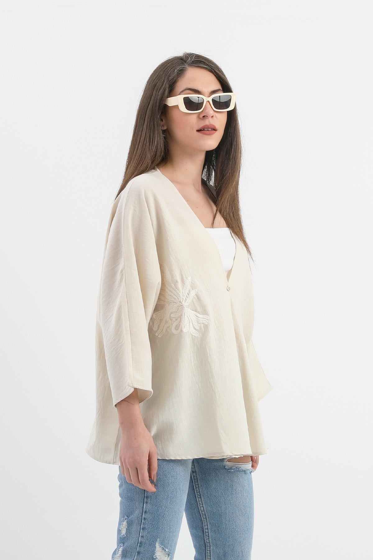 Women's Linen Sequined Sequined Embroidered Kimono - Beige - STREETMODE™