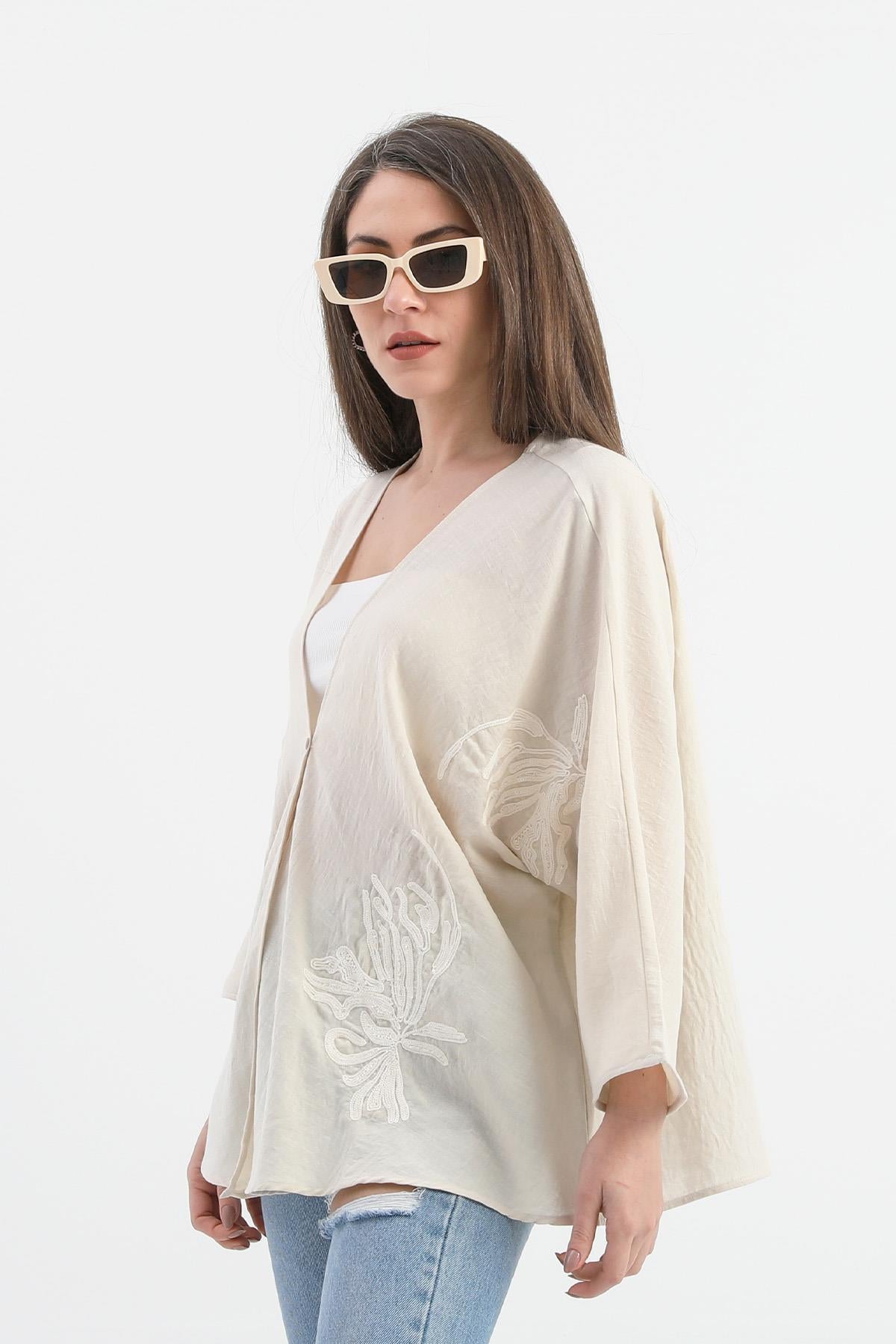 Women's Linen Sequined Sequined Embroidered Kimono - Beige - STREETMODE™