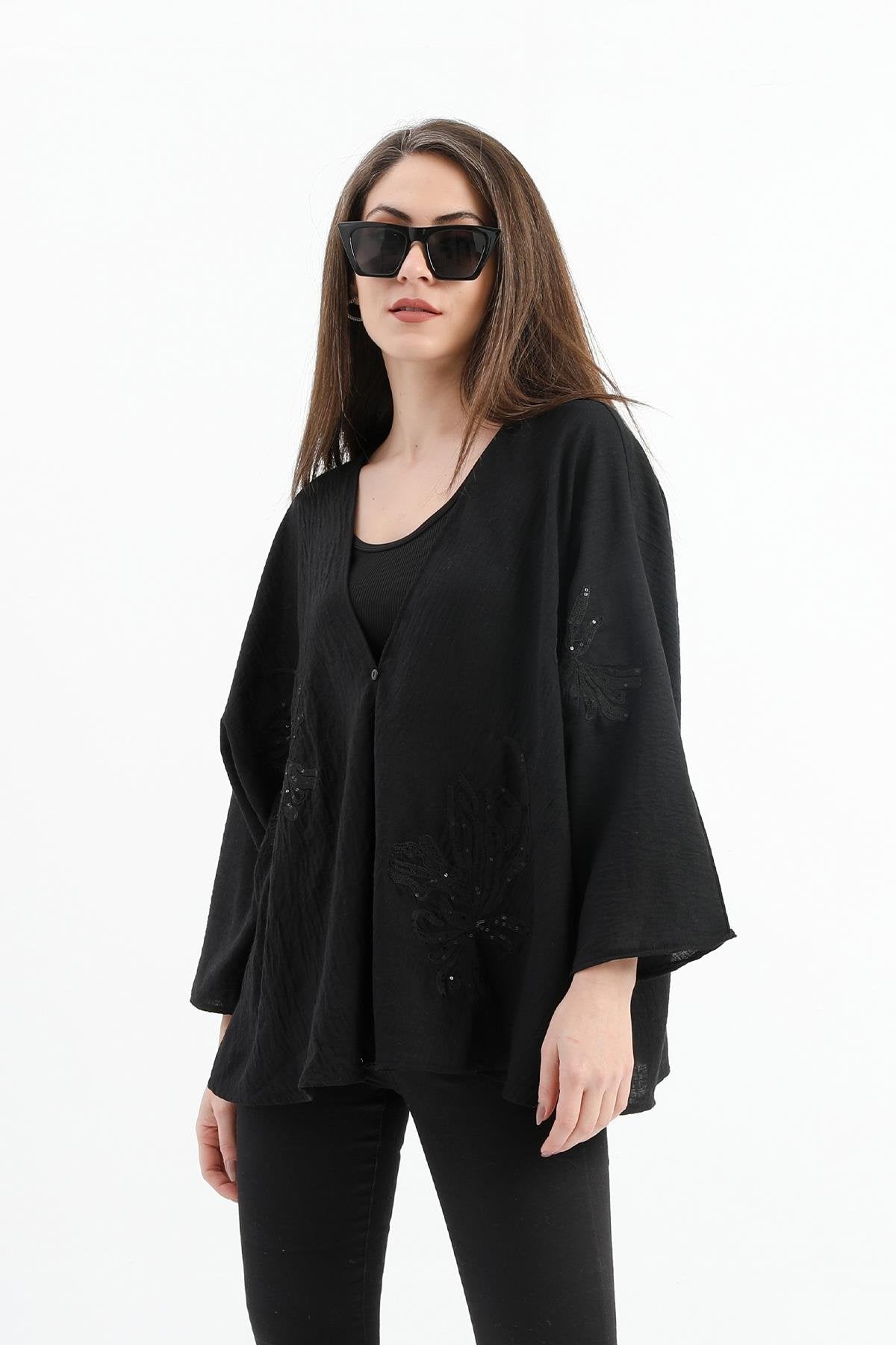 Women's Linen Sequined Sequined Embroidered Kimono - Black - STREETMODE™