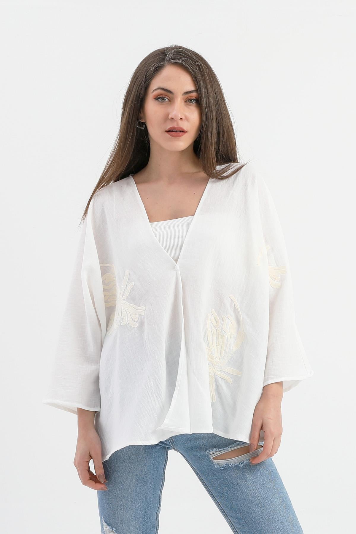 Women's Linen Sequined Sequined Embroidered Kimono - Ecru - STREETMODE™