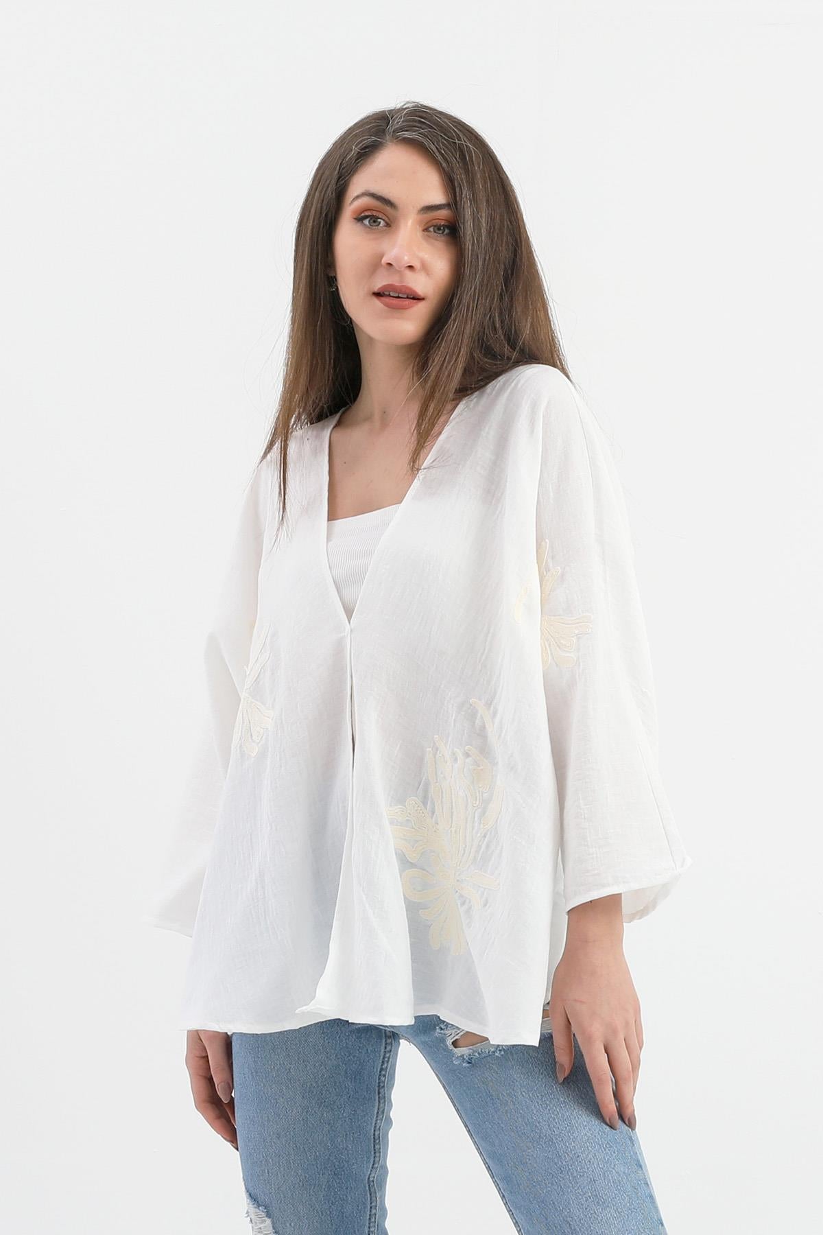 Women's Linen Sequined Sequined Embroidered Kimono - Ecru - STREETMODE™
