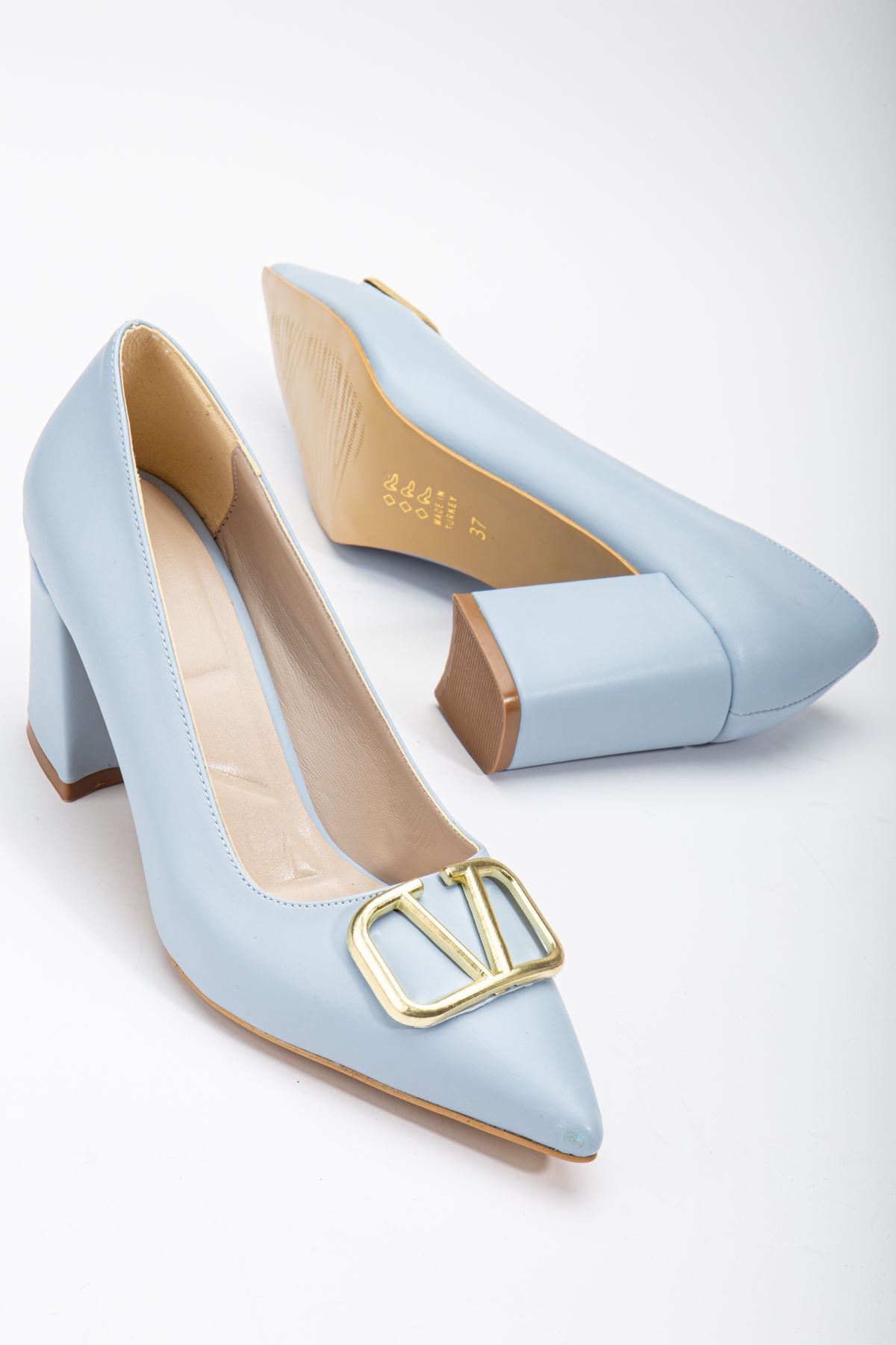 Women's Lisse Baby Blue Leather Buckle Detailed Thick Heel Shoes - STREETMODE™