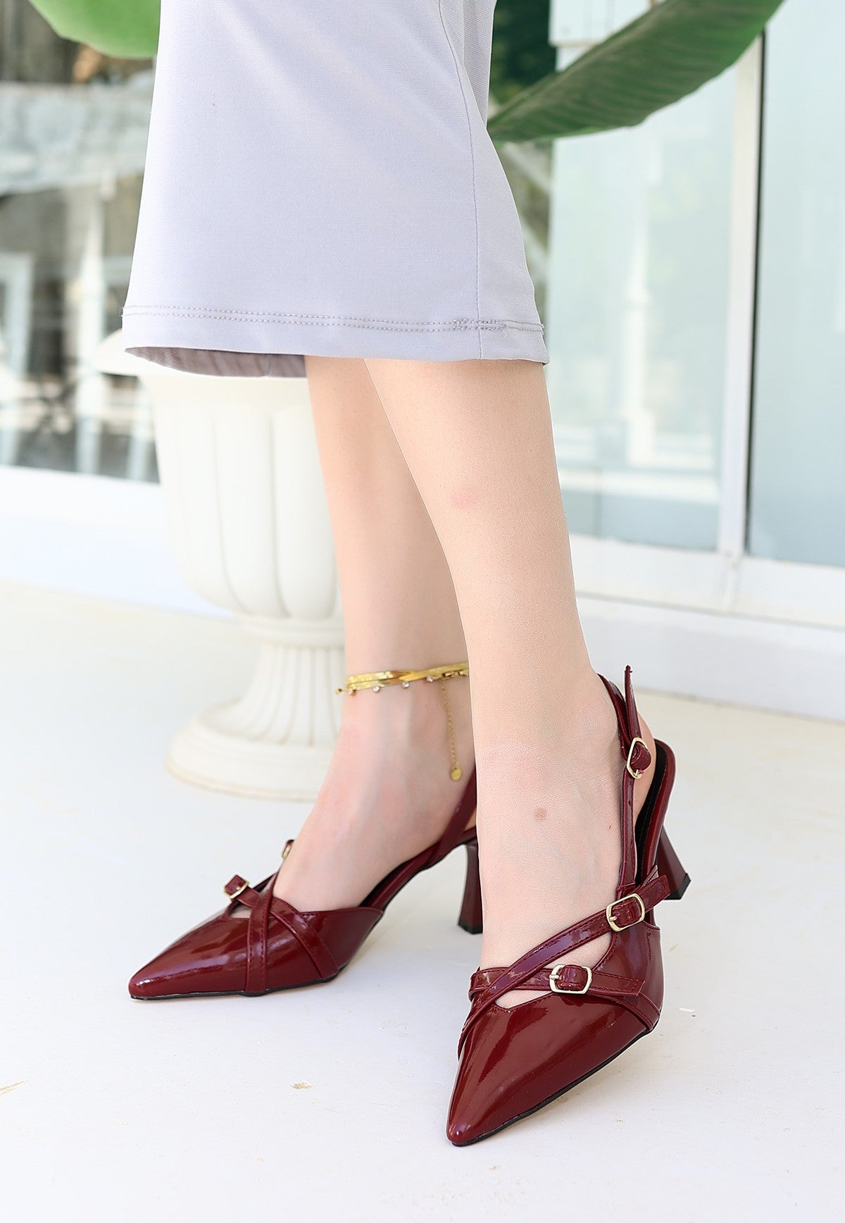 Women's Liwan Claret Red Patent Leather Heeled Shoes - STREETMODE™