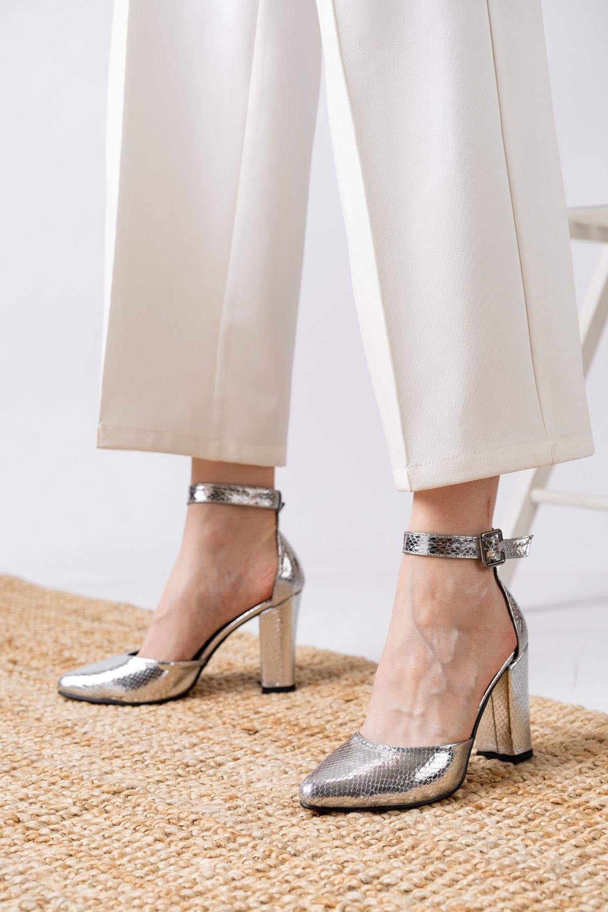 Women's Lole Heels Silver Skin Crocodile Leather Detailed Heeled Shoes - STREETMODE™ DE