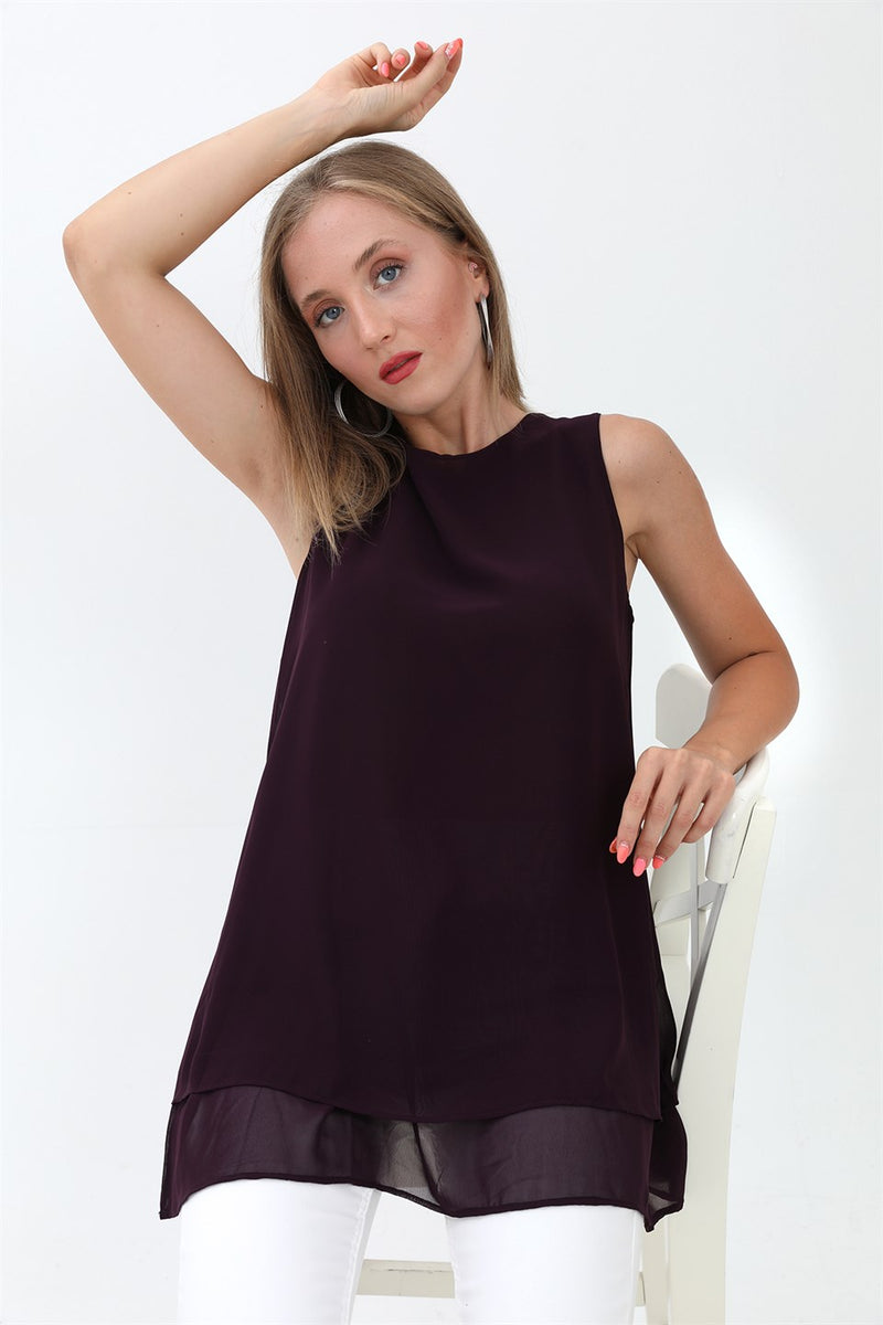 Women's Long Chiffon Sleeveless Blouse - Plum - STREETMODE™