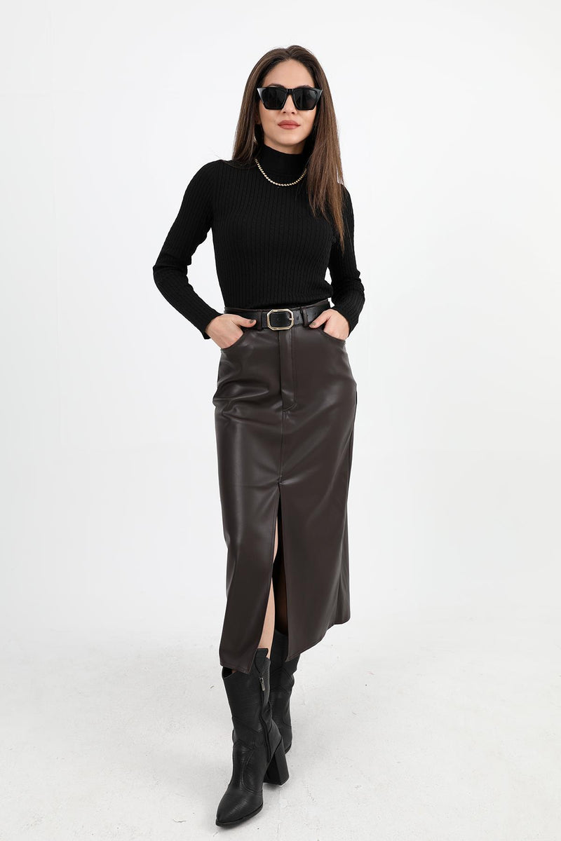 Women's Long Leather Skirt with Front Slit - Brown - STREETMODE™