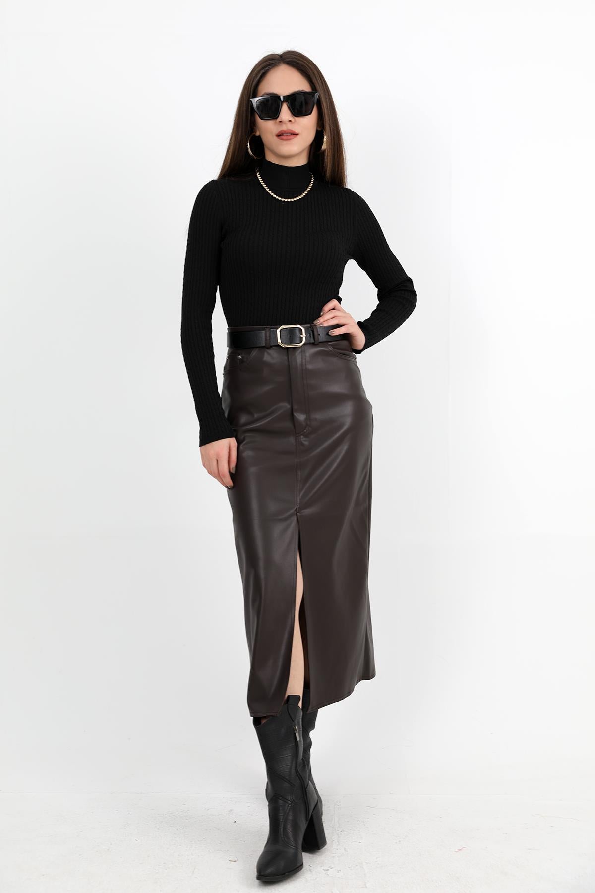 Women's Long Leather Skirt with Front Slit - Brown - STREETMODE™