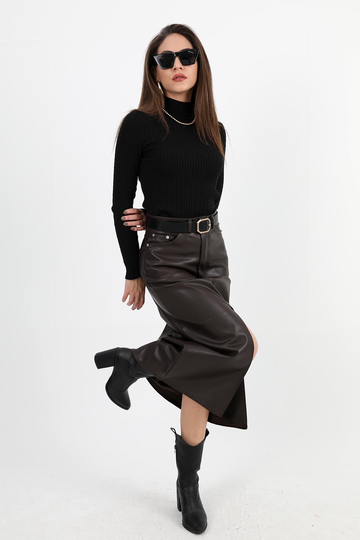 Women's Long Leather Skirt with Front Slit - Brown - STREETMODE™