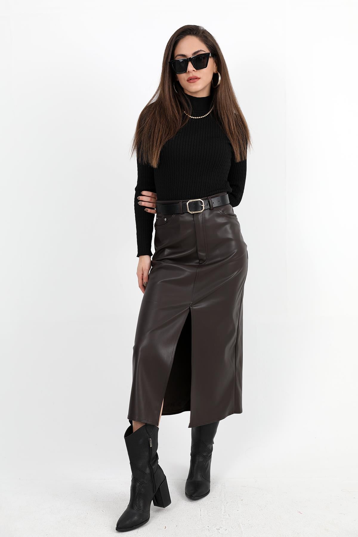 Women's Long Leather Skirt with Front Slit - Brown - STREETMODE™