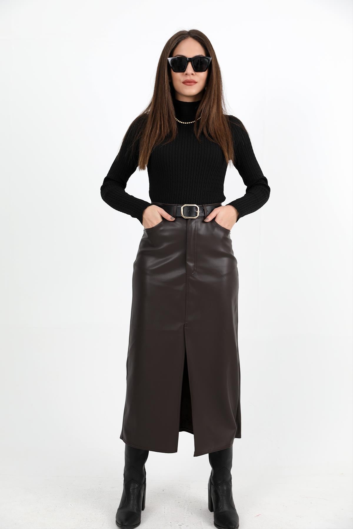 Women's Long Leather Skirt with Front Slit - Brown - STREETMODE™