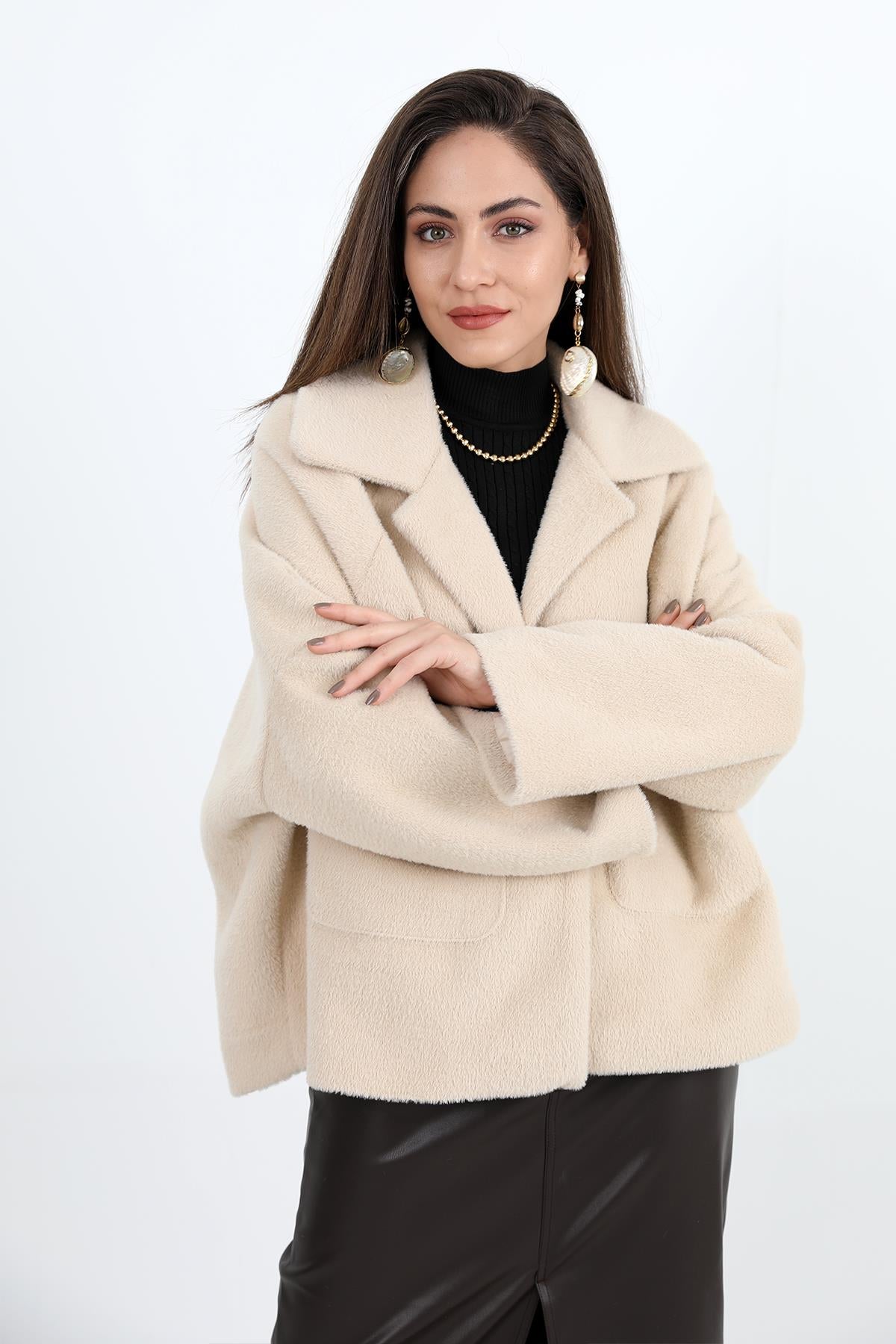 Women's Long Wool Snap Jacket with Pockets - Beige - STREETMODE™