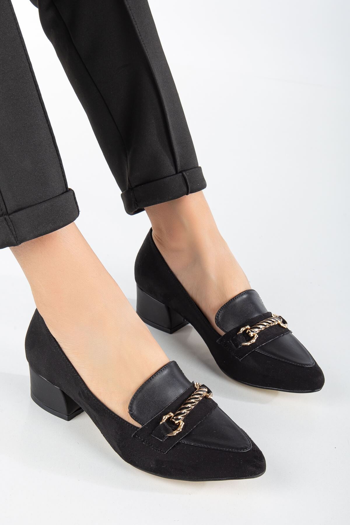 Women's Low Heeled Shoes Black Suede with Skin Buckle Detail - STREETMODE™
