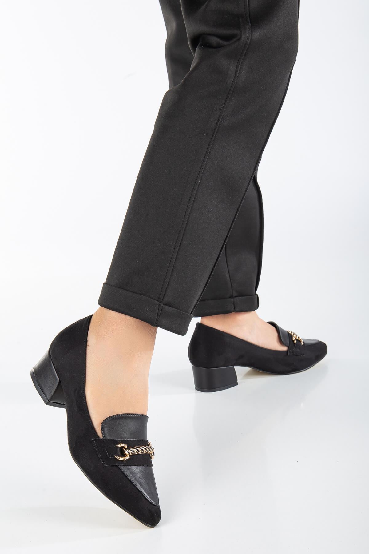 Women's Low Heeled Shoes Black Suede with Skin Buckle Detail - STREETMODE™