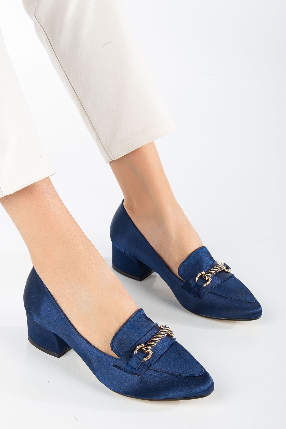 Women's Low Heeled Shoes Navy Blue Suede with Skin Buckle Detail - STREETMODE™