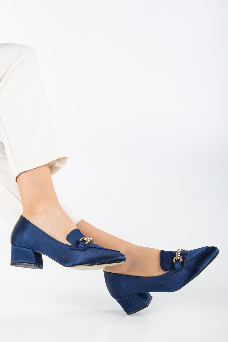 Women's Low Heeled Shoes Navy Blue Suede with Skin Buckle Detail - STREETMODE™